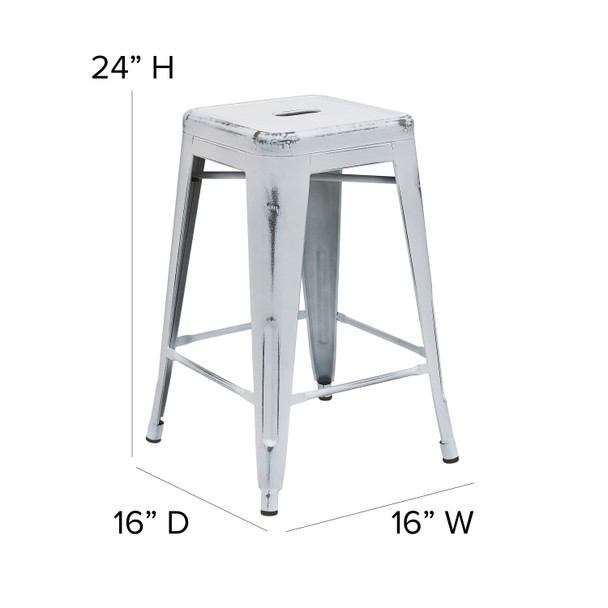 Kai Commercial Grade 24" High Backless Distressed White Metal Indoor-Outdoor Counter Height Stool