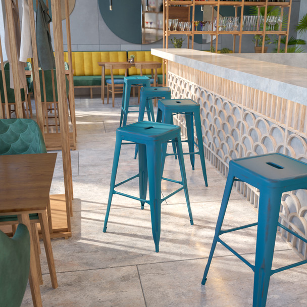 Kai Commercial Grade 30" High Backless Distressed Antique Blue Metal Indoor-Outdoor Barstool