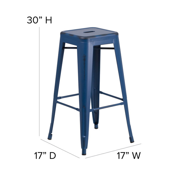 Kai Commercial Grade 30" High Backless Distressed Antique Blue Metal Indoor-Outdoor Barstool