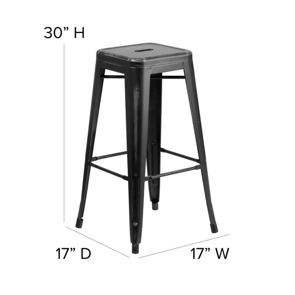 Kai Commercial Grade 30" High Backless Distressed Black Metal Indoor-Outdoor Barstool