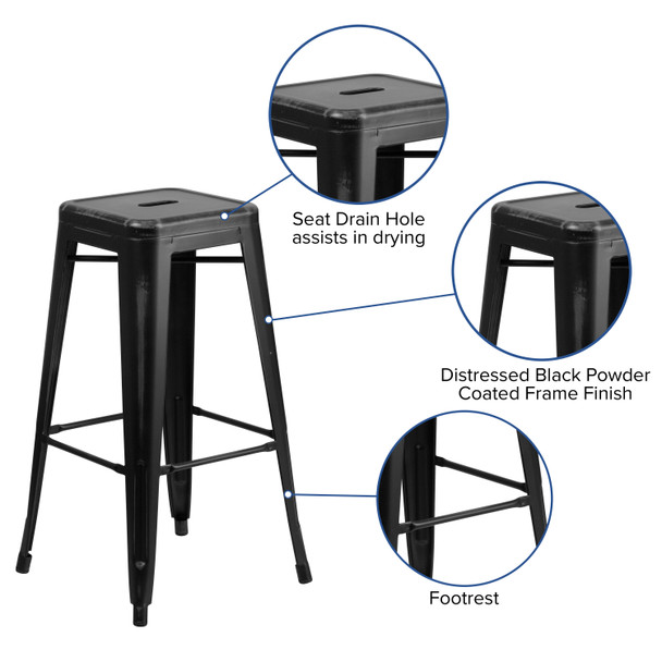 Kai Commercial Grade 30" High Backless Distressed Black Metal Indoor-Outdoor Barstool