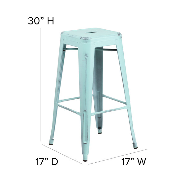 Kai Commercial Grade 30" High Backless Distressed Green-Blue Metal Indoor-Outdoor Barstool