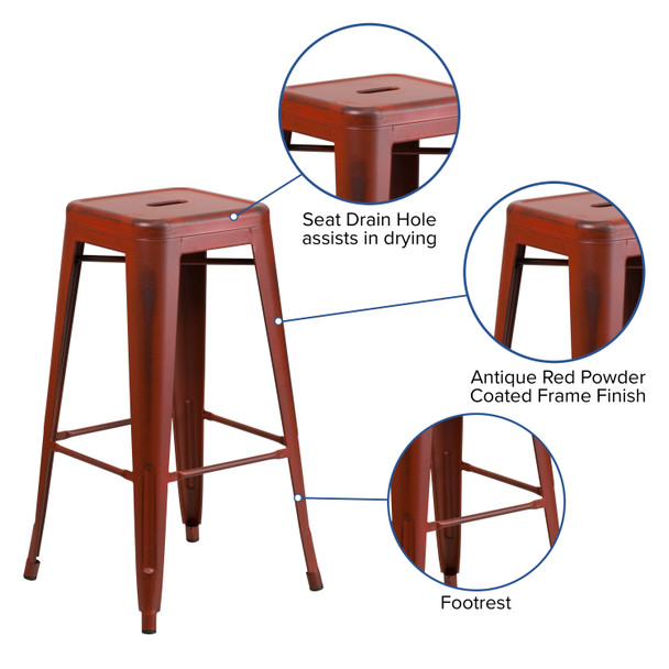 Kai Commercial Grade 30" High Backless Distressed Kelly Red Metal Indoor-Outdoor Barstool