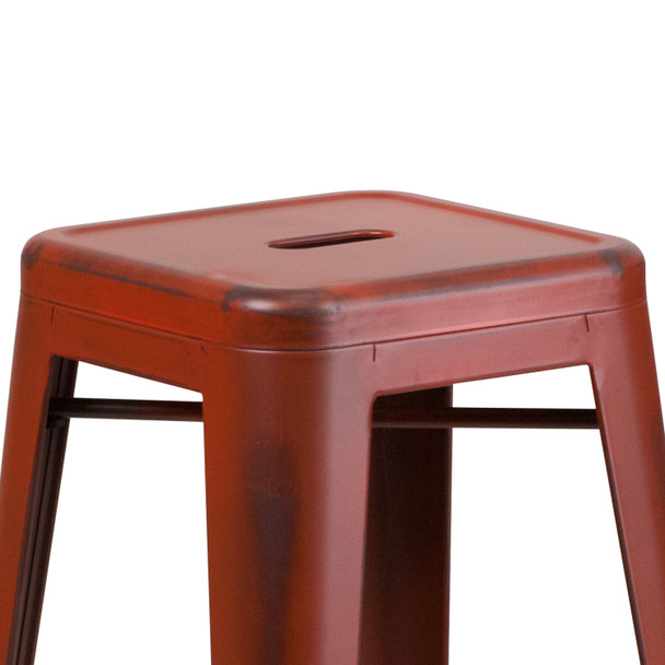 Kai Commercial Grade 30" High Backless Distressed Kelly Red Metal Indoor-Outdoor Barstool