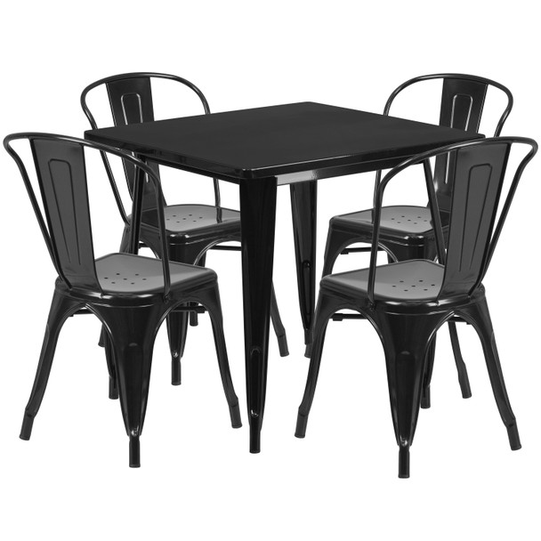 Foster Commercial Grade 31.5" Square Black Metal Indoor-Outdoor Table Set with 4 Stack Chairs