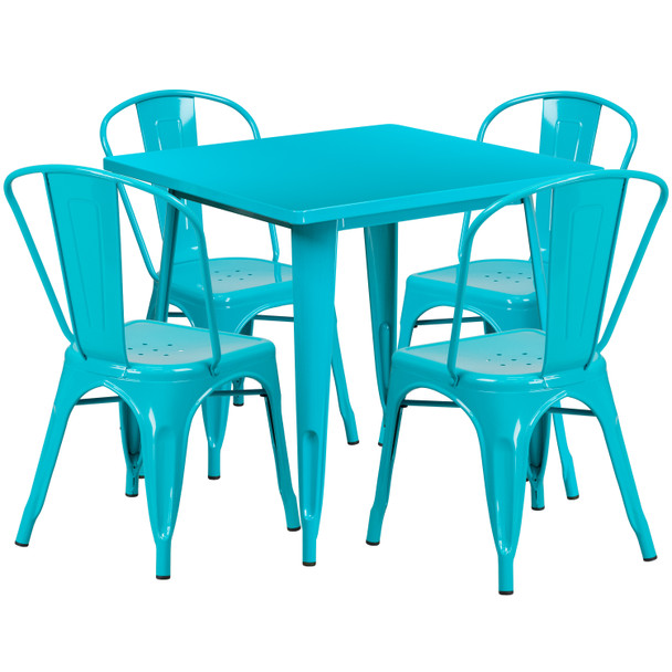 Foster Commercial Grade 31.5" Square Crystal Teal-Blue Metal Indoor-Outdoor Table Set with 4 Stack Chairs