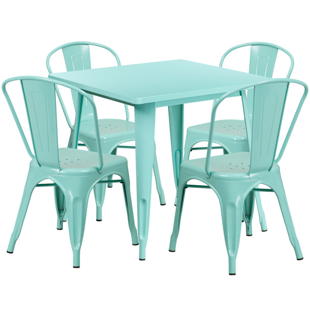 Foster Commercial Grade 31.5" Square Mint Green Metal Indoor-Outdoor Table Set with 4 Stack Chairs