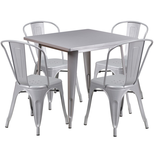 Foster Commercial Grade 31.5" Square Silver Metal Indoor-Outdoor Table Set with 4 Stack Chairs