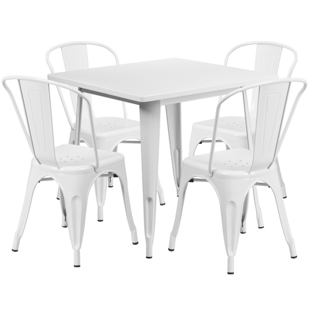 Foster Commercial Grade 31.5" Square White Metal Indoor-Outdoor Table Set with 4 Stack Chairs