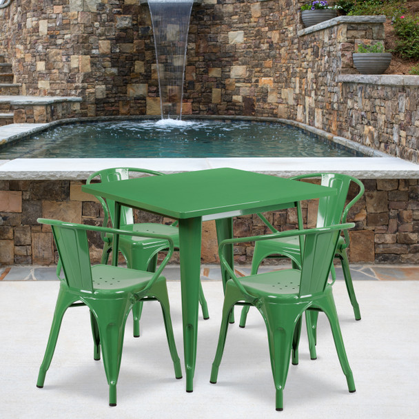 Grady Commercial Grade 31.5" Square Green Metal Indoor-Outdoor Table Set with 4 Arm Chairs