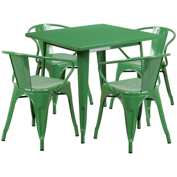 Grady Commercial Grade 31.5" Square Green Metal Indoor-Outdoor Table Set with 4 Arm Chairs