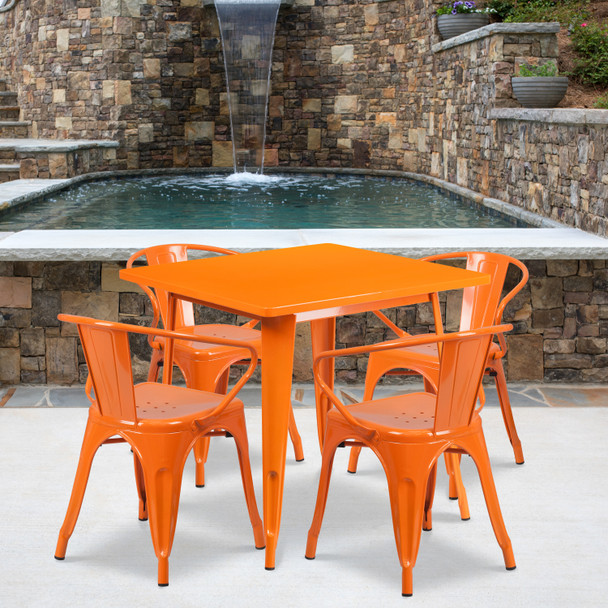 Grady Commercial Grade 31.5" Square Orange Metal Indoor-Outdoor Table Set with 4 Arm Chairs