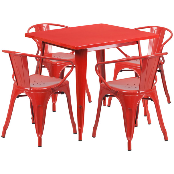 Grady Commercial Grade 31.5" Square Red Metal Indoor-Outdoor Table Set with 4 Arm Chairs