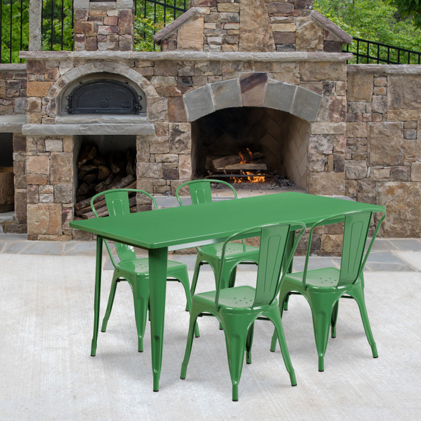 Darcy Commercial Grade 31.5" x 63" Rectangular Green Metal Indoor-Outdoor Table Set with 4 Stack Chairs