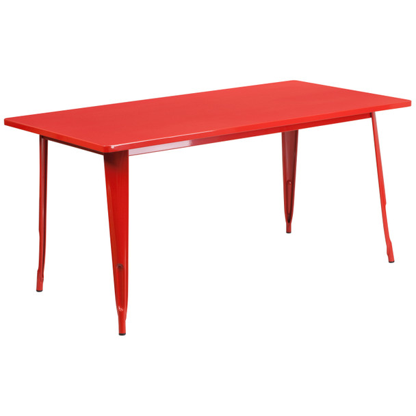 Darcy Commercial Grade 31.5" x 63" Rectangular Red Metal Indoor-Outdoor Table Set with 4 Stack Chairs