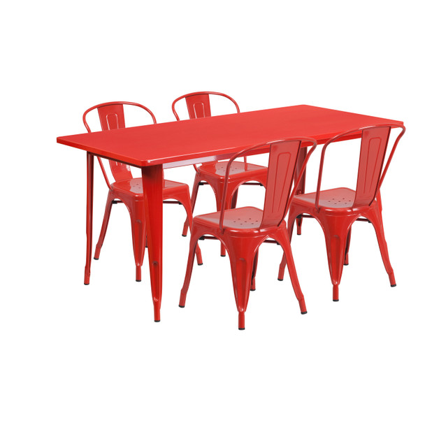 Darcy Commercial Grade 31.5" x 63" Rectangular Red Metal Indoor-Outdoor Table Set with 4 Stack Chairs