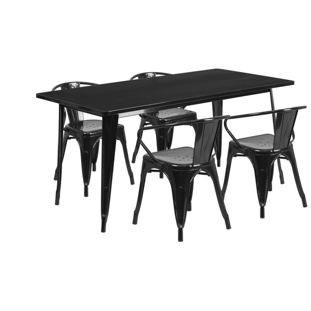 Fisher Commercial Grade 31.5" x 63" Rectangular Black Metal Indoor-Outdoor Table Set with 4 Arm Chairs