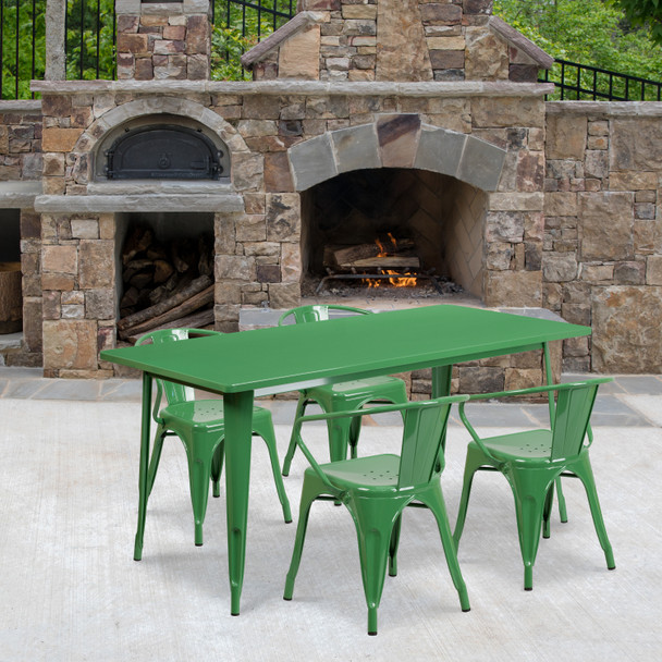 Fisher Commercial Grade 31.5" x 63" Rectangular Green Metal Indoor-Outdoor Table Set with 4 Arm Chairs
