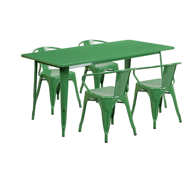 Fisher Commercial Grade 31.5" x 63" Rectangular Green Metal Indoor-Outdoor Table Set with 4 Arm Chairs