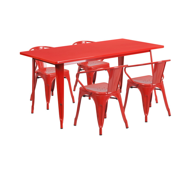 Fisher Commercial Grade 31.5" x 63" Rectangular Red Metal Indoor-Outdoor Table Set with 4 Arm Chairs