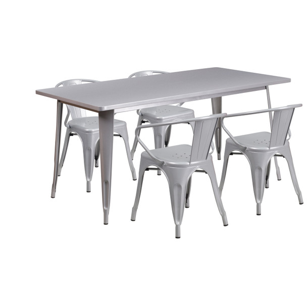 Fisher Commercial Grade 31.5" x 63" Rectangular Silver Metal Indoor-Outdoor Table Set with 4 Arm Chairs