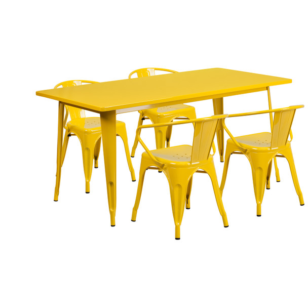 Fisher Commercial Grade 31.5" x 63" Rectangular Yellow Metal Indoor-Outdoor Table Set with 4 Arm Chairs