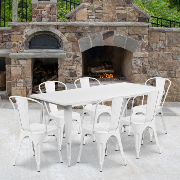 Gilbert Commercial Grade 31.5" x 63" Rectangular White Metal Indoor-Outdoor Table Set with 6 Stack Chairs