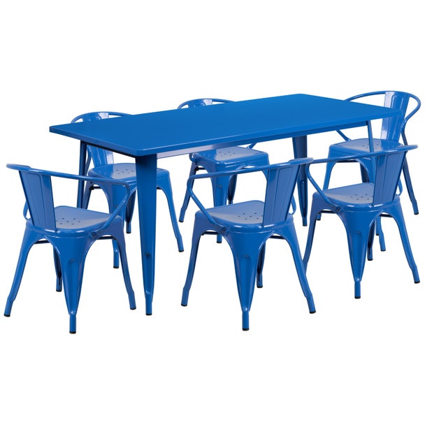 Oakley Commercial Grade 31.5" x 63" Rectangular Blue Metal Indoor-Outdoor Table Set with 6 Arm Chairs