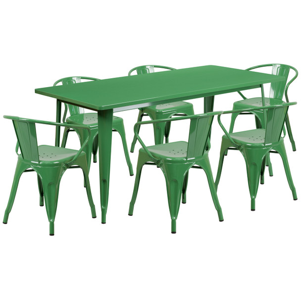 Oakley Commercial Grade 31.5" x 63" Rectangular Green Metal Indoor-Outdoor Table Set with 6 Arm Chairs