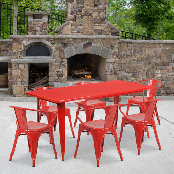 Oakley Commercial Grade 31.5" x 63" Rectangular Red Metal Indoor-Outdoor Table Set with 6 Arm Chairs