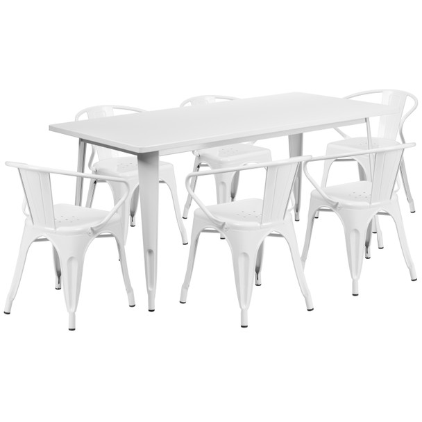 Oakley Commercial Grade 31.5" x 63" Rectangular White Metal Indoor-Outdoor Table Set with 6 Arm Chairs