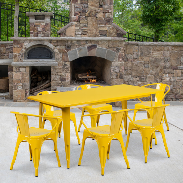 Oakley Commercial Grade 31.5" x 63" Rectangular Yellow Metal Indoor-Outdoor Table Set with 6 Arm Chairs