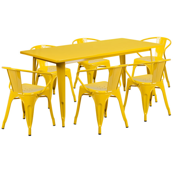 Oakley Commercial Grade 31.5" x 63" Rectangular Yellow Metal Indoor-Outdoor Table Set with 6 Arm Chairs