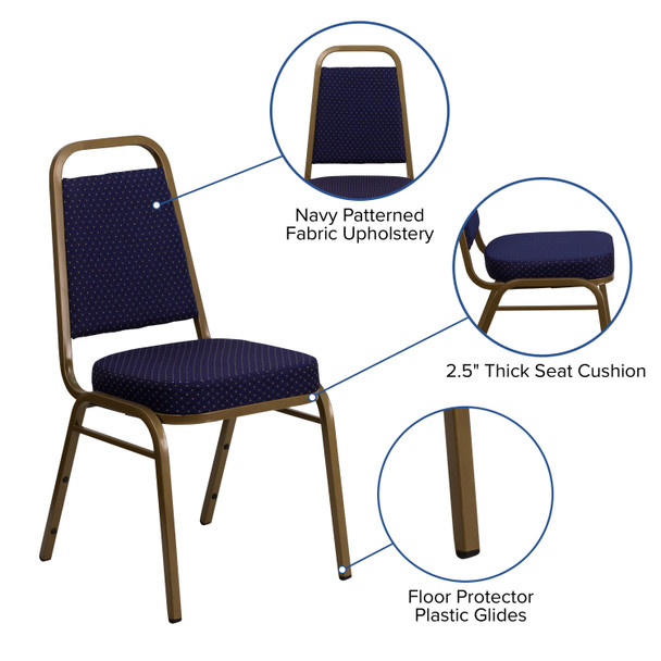 HERCULES Series Trapezoidal Back Stacking Banquet Chair in Navy Patterned Fabric - Gold Frame