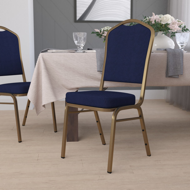 HERCULES Series Crown Back Stacking Banquet Chair in Navy Blue Patterned Fabric - Gold Frame