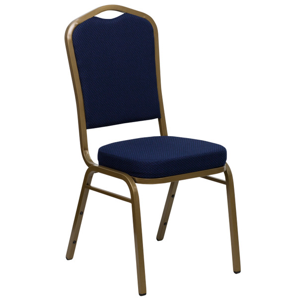 HERCULES Series Crown Back Stacking Banquet Chair in Navy Blue Patterned Fabric - Gold Frame