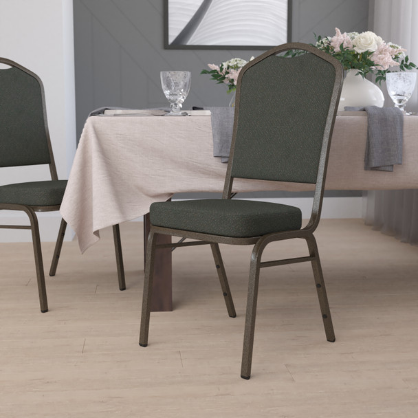 HERCULES Series Crown Back Stacking Banquet Chair in Green Patterned Fabric - Gold Vein Frame
