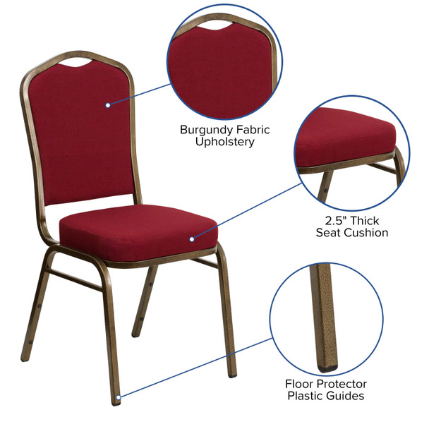 HERCULES Series Crown Back Stacking Banquet Chair in Burgundy Fabric - Gold Vein Frame