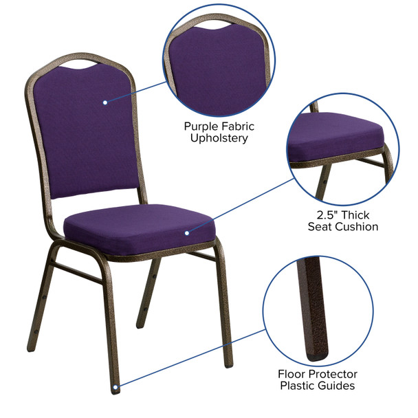 HERCULES Series Crown Back Stacking Banquet Chair in Purple Fabric - Gold Vein Frame