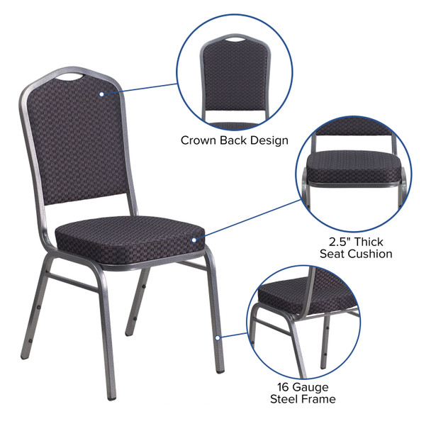 HERCULES Series Crown Back Stacking Banquet Chair in Black Patterned Fabric - Silver Vein Frame