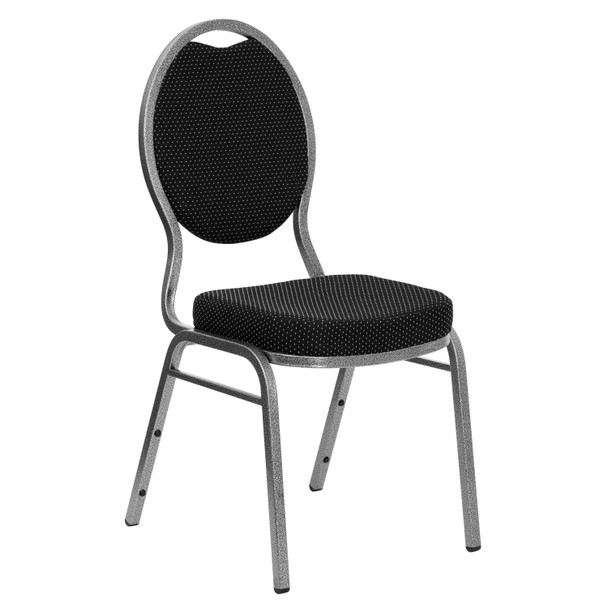 HERCULES Series Teardrop Back Stacking Banquet Chair in Black Patterned Fabric - Silver Vein Frame