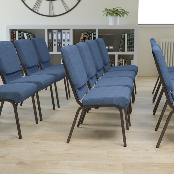 HERCULES Series 18.5''W Stacking Church Chair in Blue Fabric - Gold Vein Frame