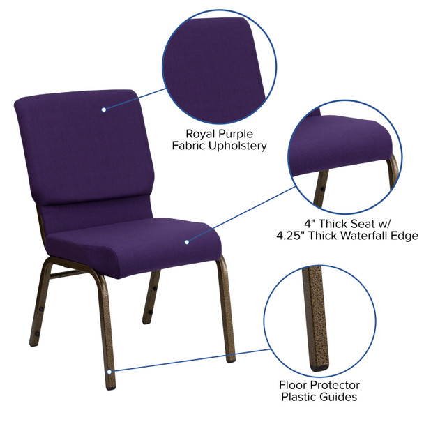 HERCULES Series 18.5''W Stacking Church Chair in Royal Purple Fabric - Gold Vein Frame