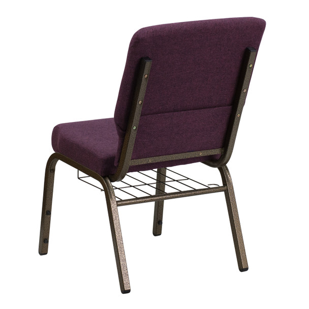 HERCULES Series 18.5''W Church Chair in Plum Fabric with Cup Book Rack - Gold Vein Frame