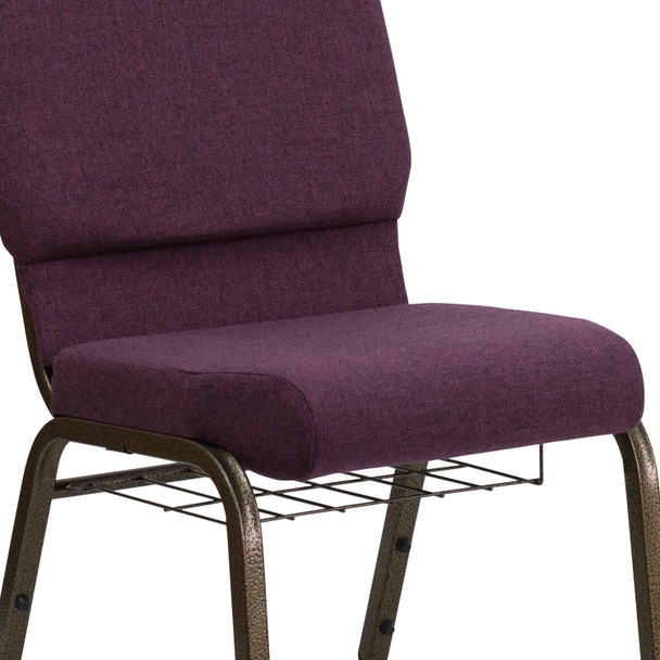 HERCULES Series 18.5''W Church Chair in Plum Fabric with Cup Book Rack - Gold Vein Frame