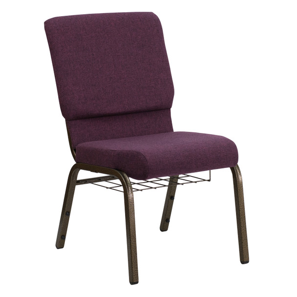 HERCULES Series 18.5''W Church Chair in Plum Fabric with Cup Book Rack - Gold Vein Frame