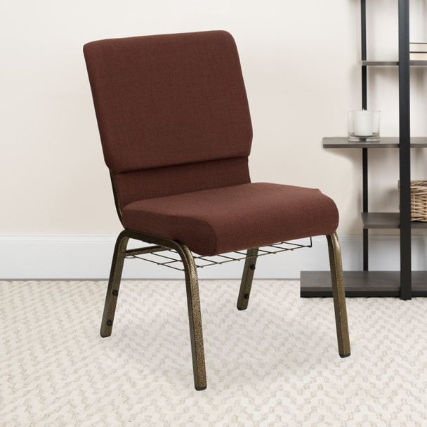 HERCULES Series 18.5''W Church Chair in Brown Fabric with Cup Book Rack - Gold Vein Frame