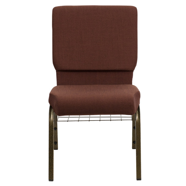 HERCULES Series 18.5''W Church Chair in Brown Fabric with Cup Book Rack - Gold Vein Frame