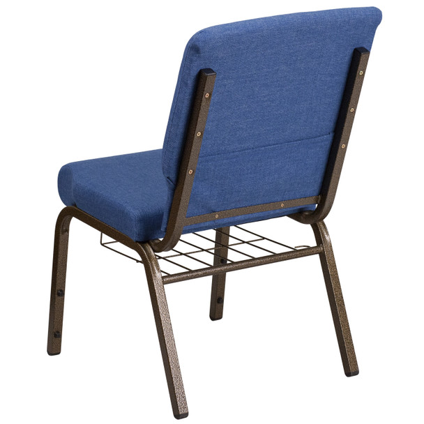 HERCULES Series 18.5''W Church Chair in Blue Fabric with Cup Book Rack - Gold Vein Frame