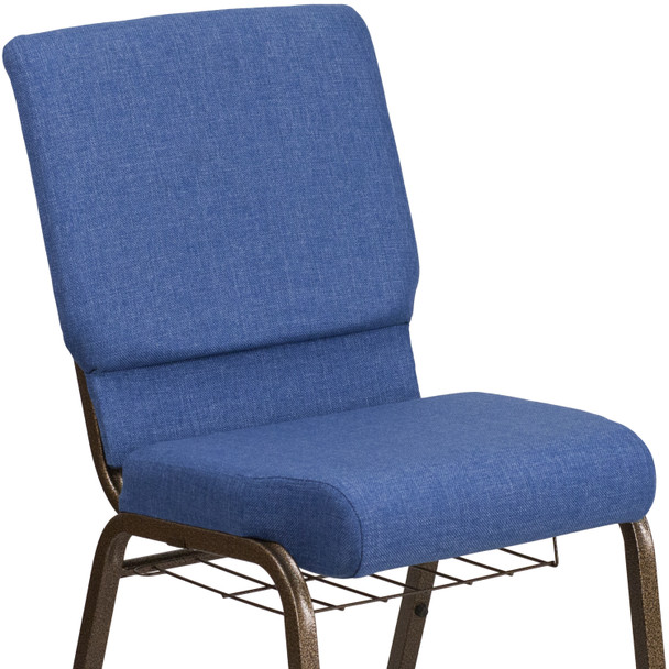 HERCULES Series 18.5''W Church Chair in Blue Fabric with Cup Book Rack - Gold Vein Frame